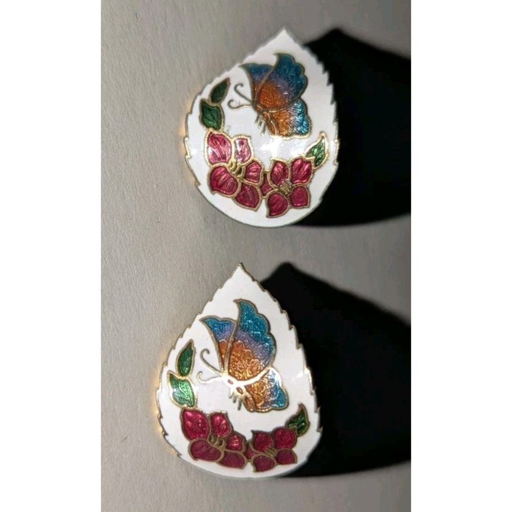 CLOISONNE BLUE BUTERRFLY & FLOWERS POST EARRINGS MULTICOLOR ENAMEL VINTAGE HTF